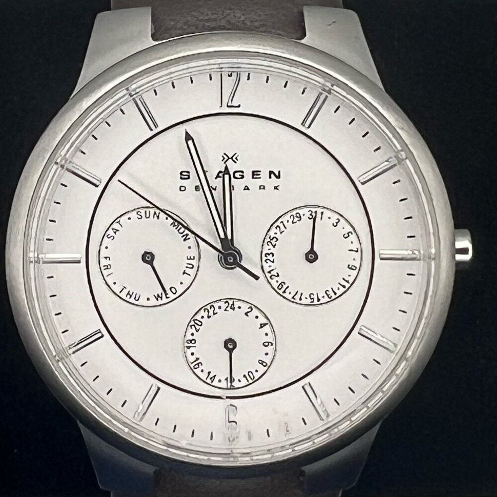 Skagen Denmark Unisex Round Multifunction Slim White Silver Brown Working